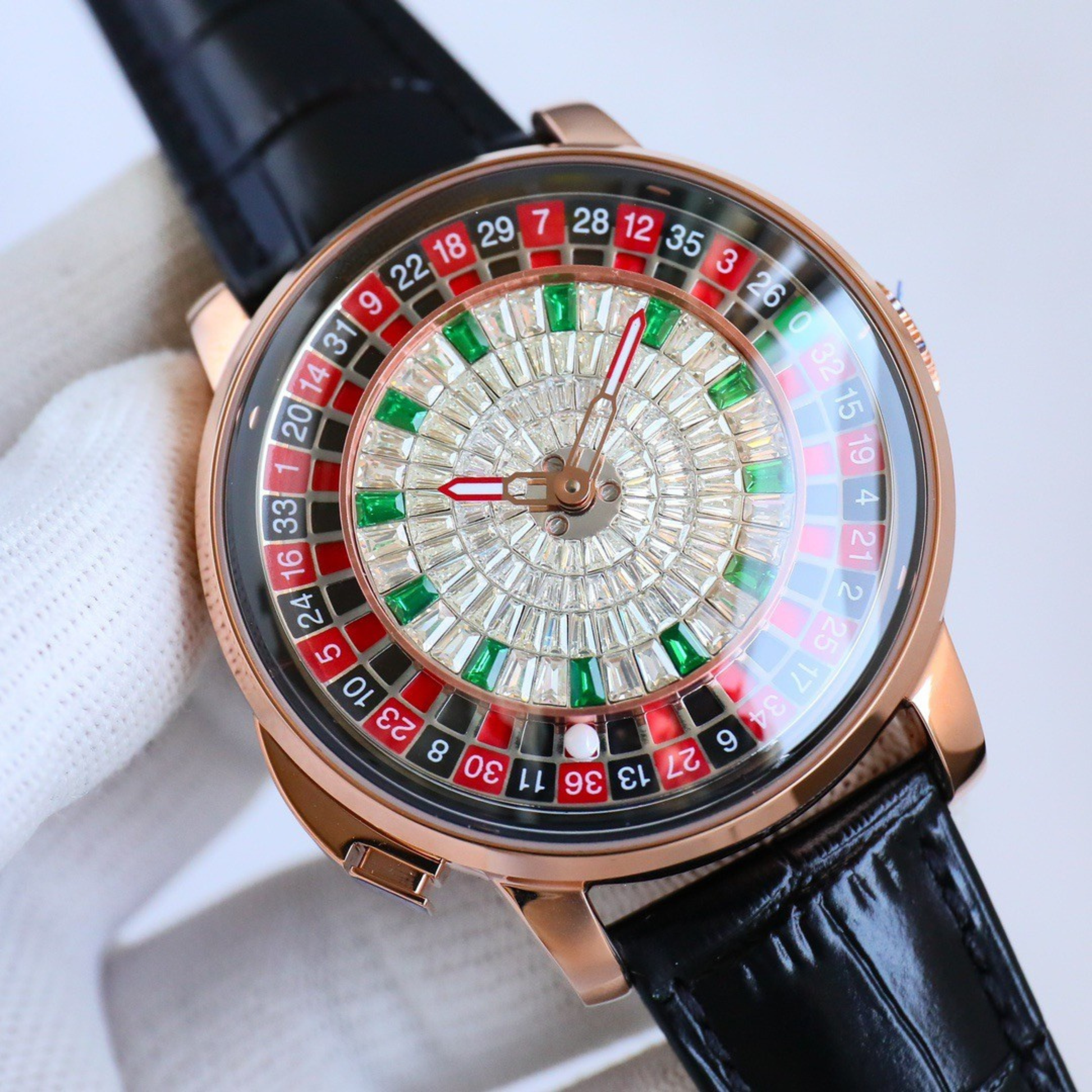 The Roulette Diamond — black leather, gold case, baguette crystal-set roulette dial, mechanical movement