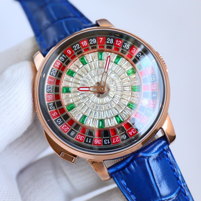 The Roulette Diamond — blue and gold, baguette crystal dial, luxury mechanical spinning timepiece