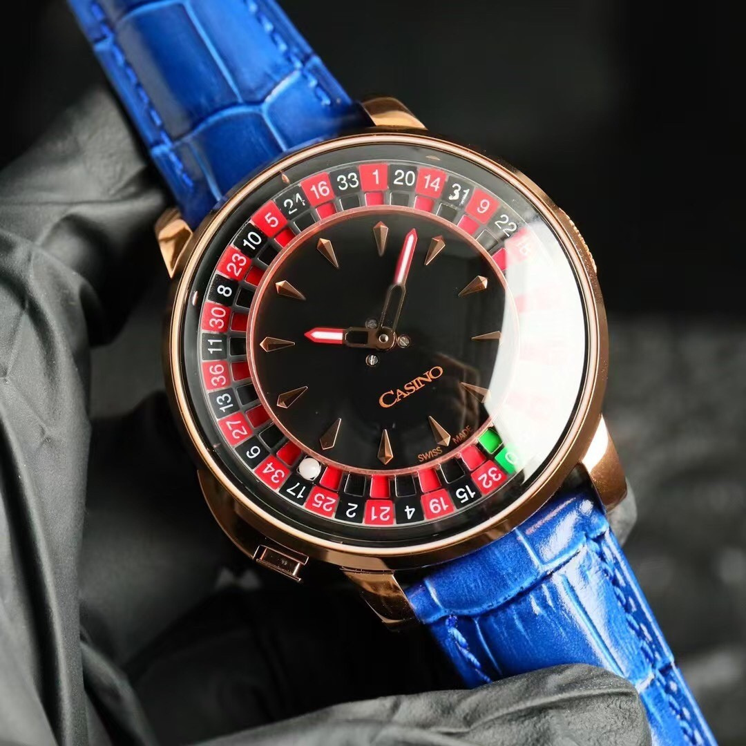 The Roulette — blue dial, gold-tone stainless steel case, spinning roulette mechanism, refined timepiece