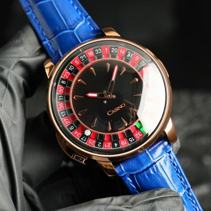 The Roulette — blue dial, gold-tone stainless steel case, spinning roulette mechanism, refined timepiece