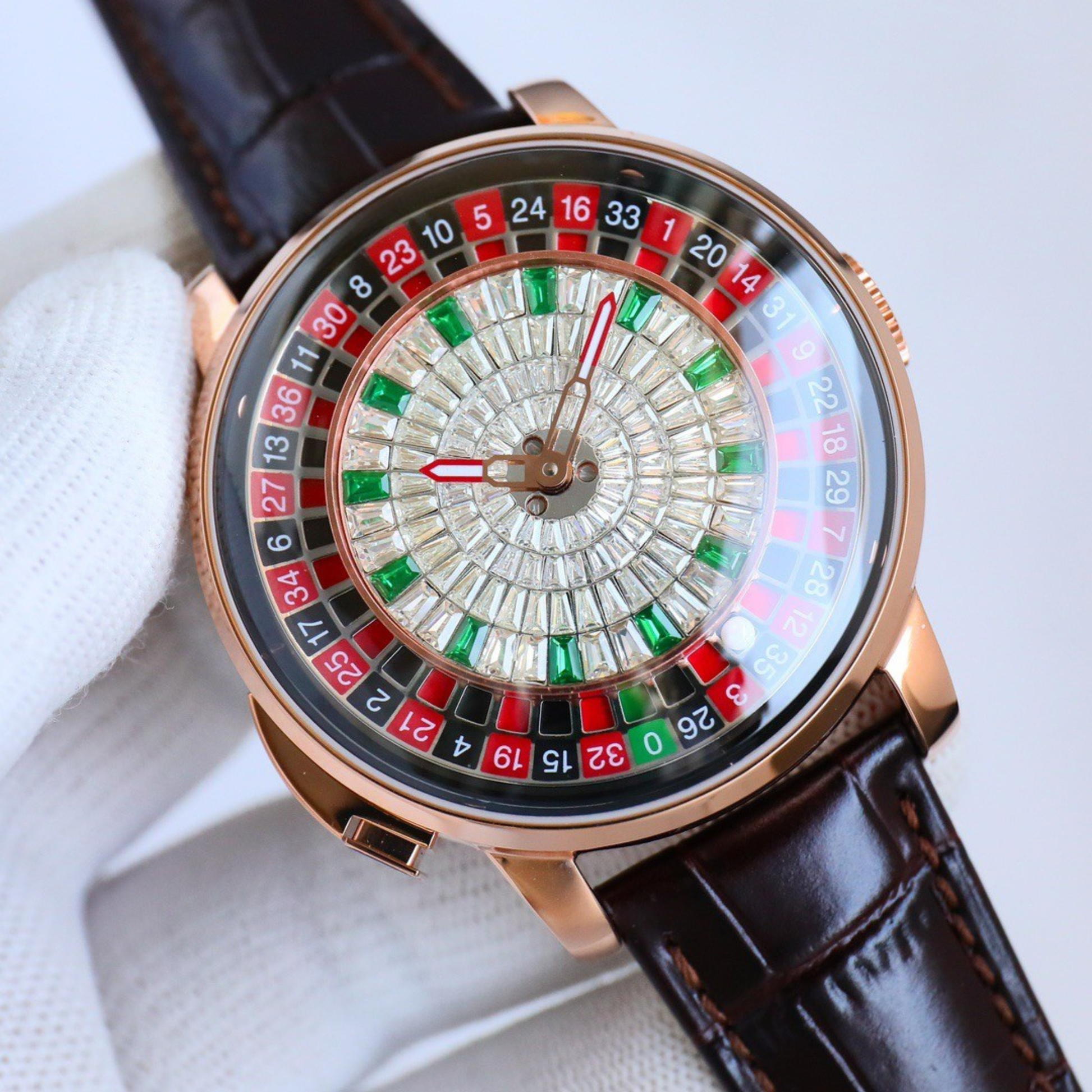 The Roulette Diamond — brown leather strap, gold case, precision crystal roulette dial