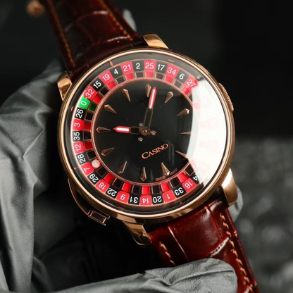 The Roulette — brown genuine leather strap, gold-tone case, precision mechanical roulette dial