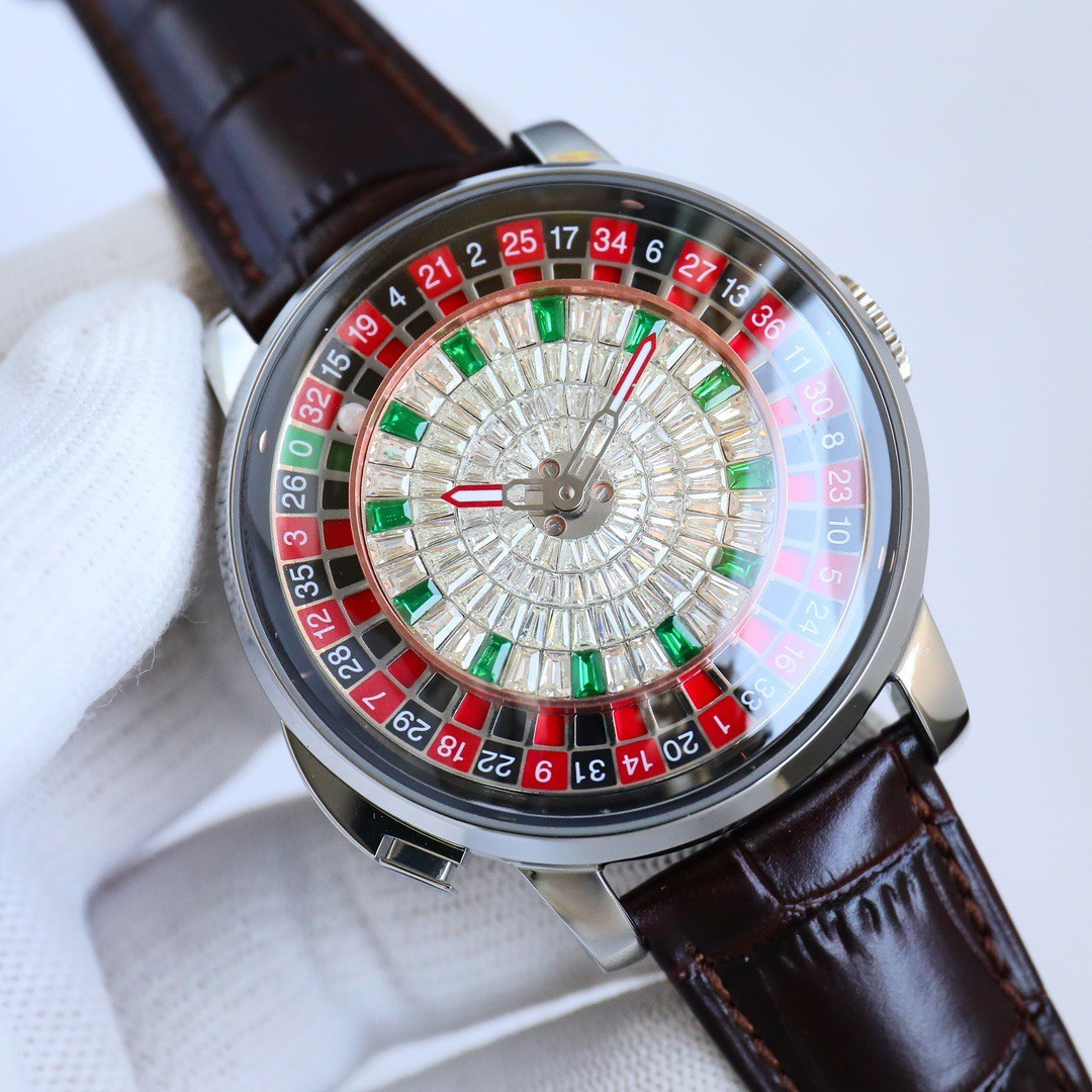 The Roulette Diamond — brown leather, silver stainless steel case, precision crystal-set roulette dial