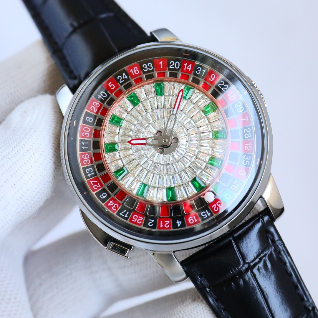The Roulette Diamond — black leather, silver case, baguette crystal roulette dial, mechanical watch
