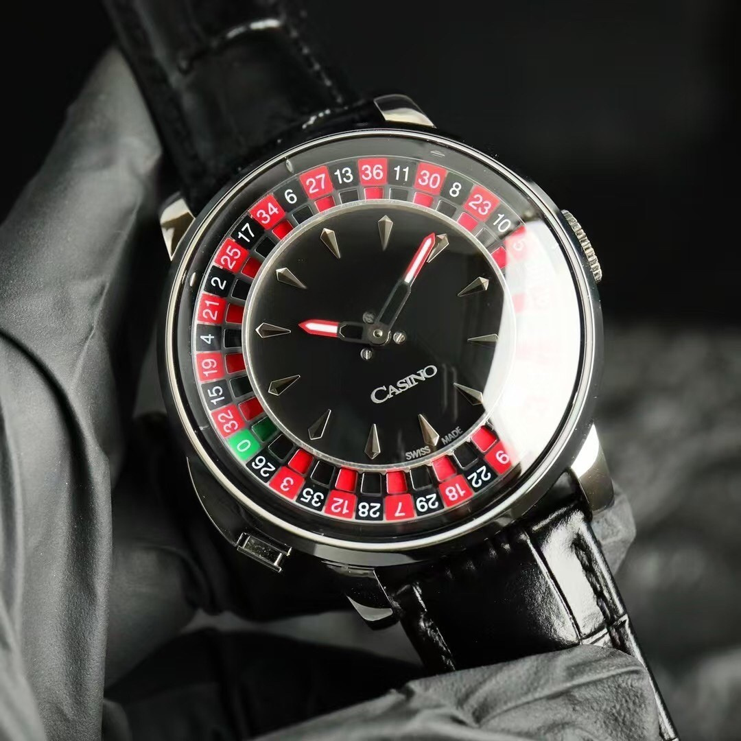 The Roulette — black leather strap, silver stainless steel case, precision mechanical roulette dial