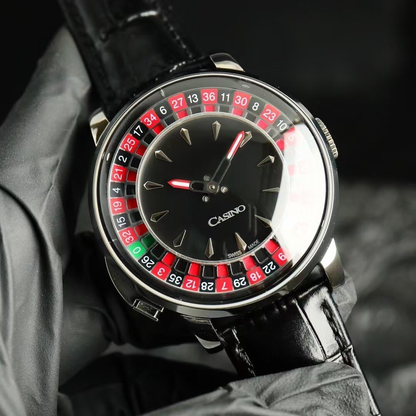 The Roulette — black leather strap, silver stainless steel case, precision mechanical roulette dial