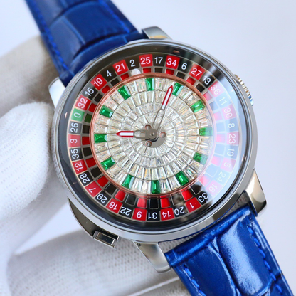 The Roulette Diamond — blue dial, silver case, crystal-embellished precision roulette mechanism