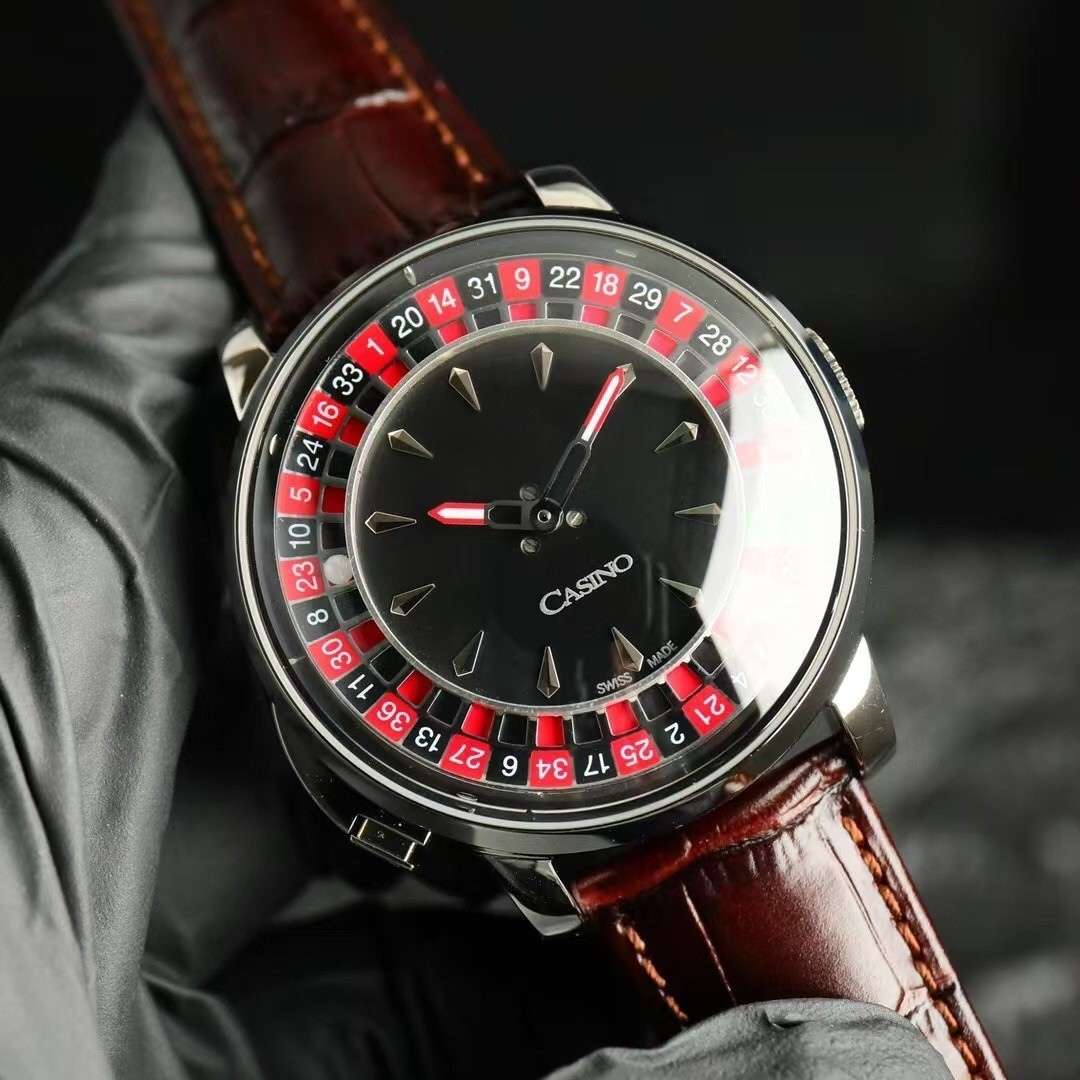 The Roulette — brown leather strap, silver case, spinning roulette mechanism, mechanical movement