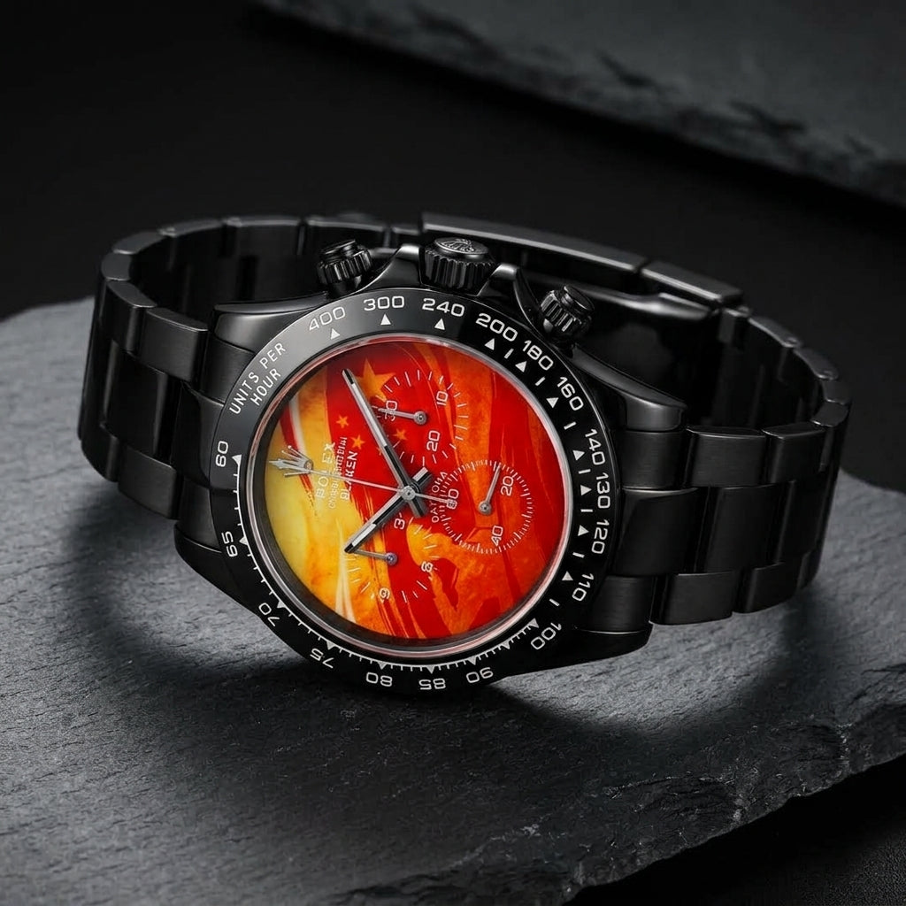 Black DLC lava-dial chronograph at a three-quarter angle on dark slate