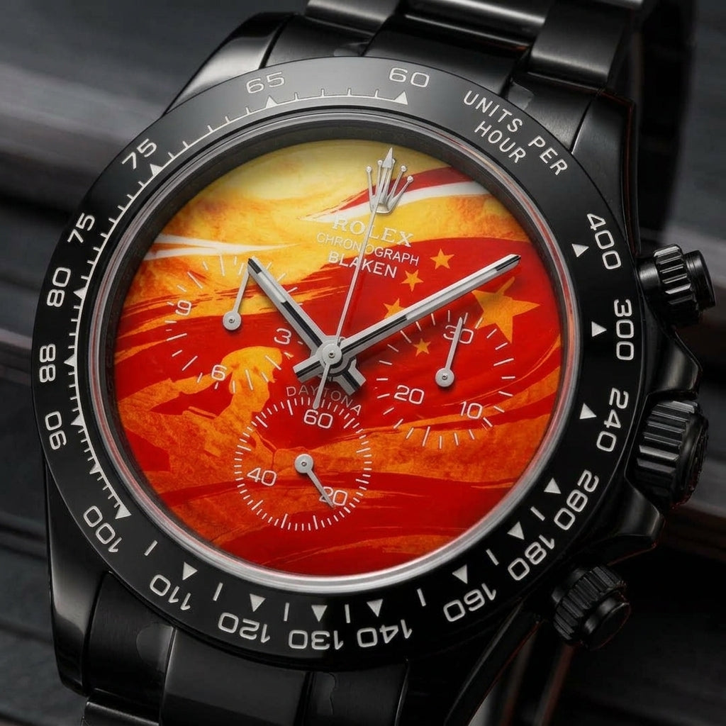 Macro of the molten orange-to-red lava dial and its three white counters