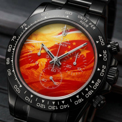 Macro of the molten orange-to-red lava dial and its three white counters