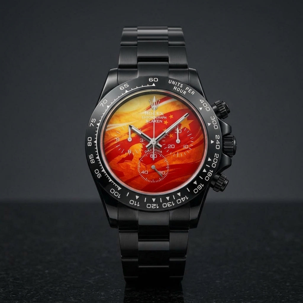 Black DLC lava-dial chronograph worn under a suit cuff