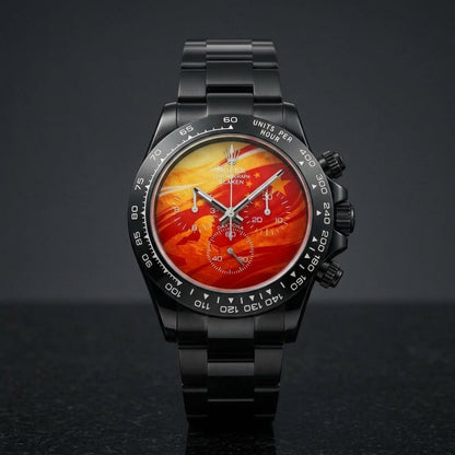 Black DLC lava-dial chronograph worn under a suit cuff