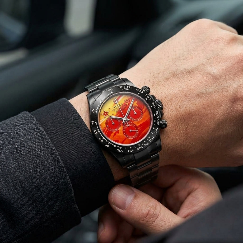 The lava-dial chronograph under a suit cuff at the wrist