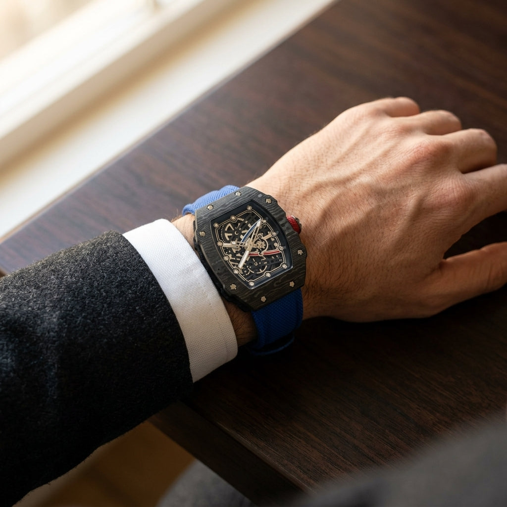 The Le Monaco worn on the wrist beneath a tailored shirt cuff