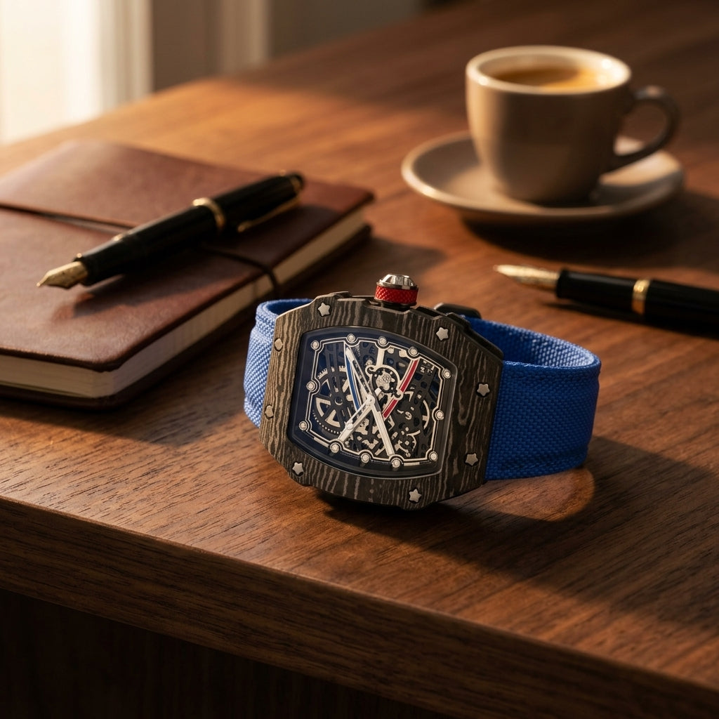 Le Monaco ultra-thin tonneau skeleton watch on a marble balustrade above the harbor