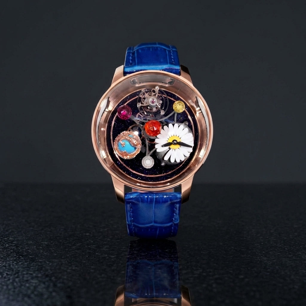 Studio photograph of the Daisy & Dragon Rotating Tourbillon on black granite