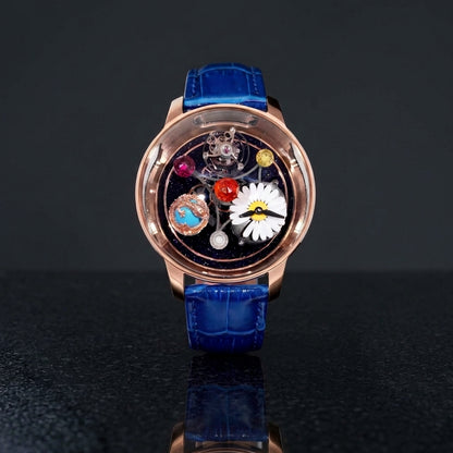 Studio photograph of the Daisy & Dragon Rotating Tourbillon on black granite
