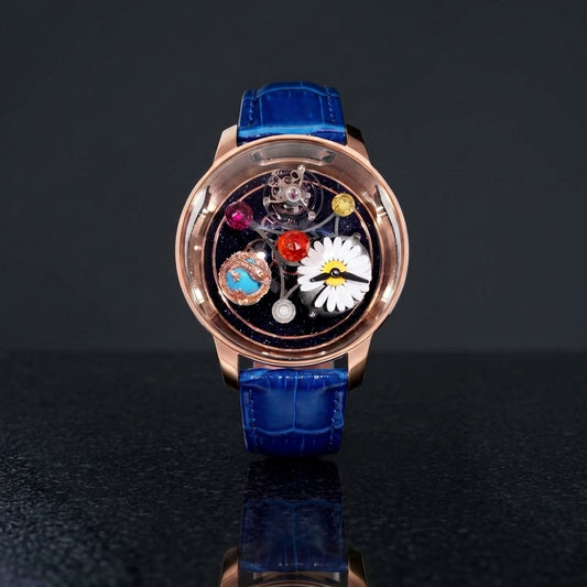 Studio photograph of the Daisy & Dragon Rotating Tourbillon on black granite