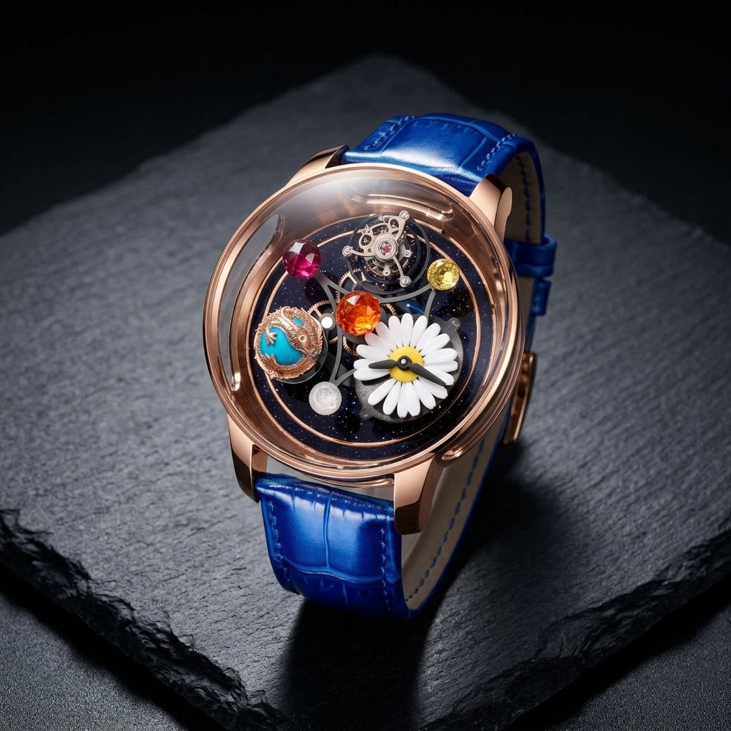 Three-quarter view showing the case profile and bracelet of the Daisy & Dragon Rotating Tourbillon