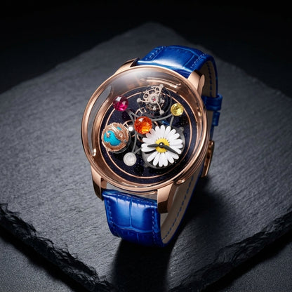 Three-quarter view showing the case profile and bracelet of the Daisy & Dragon Rotating Tourbillon