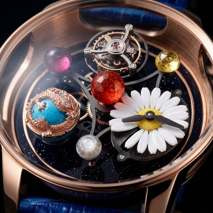 Close macro of the dial and bezel detail on the Daisy & Dragon Rotating Tourbillon