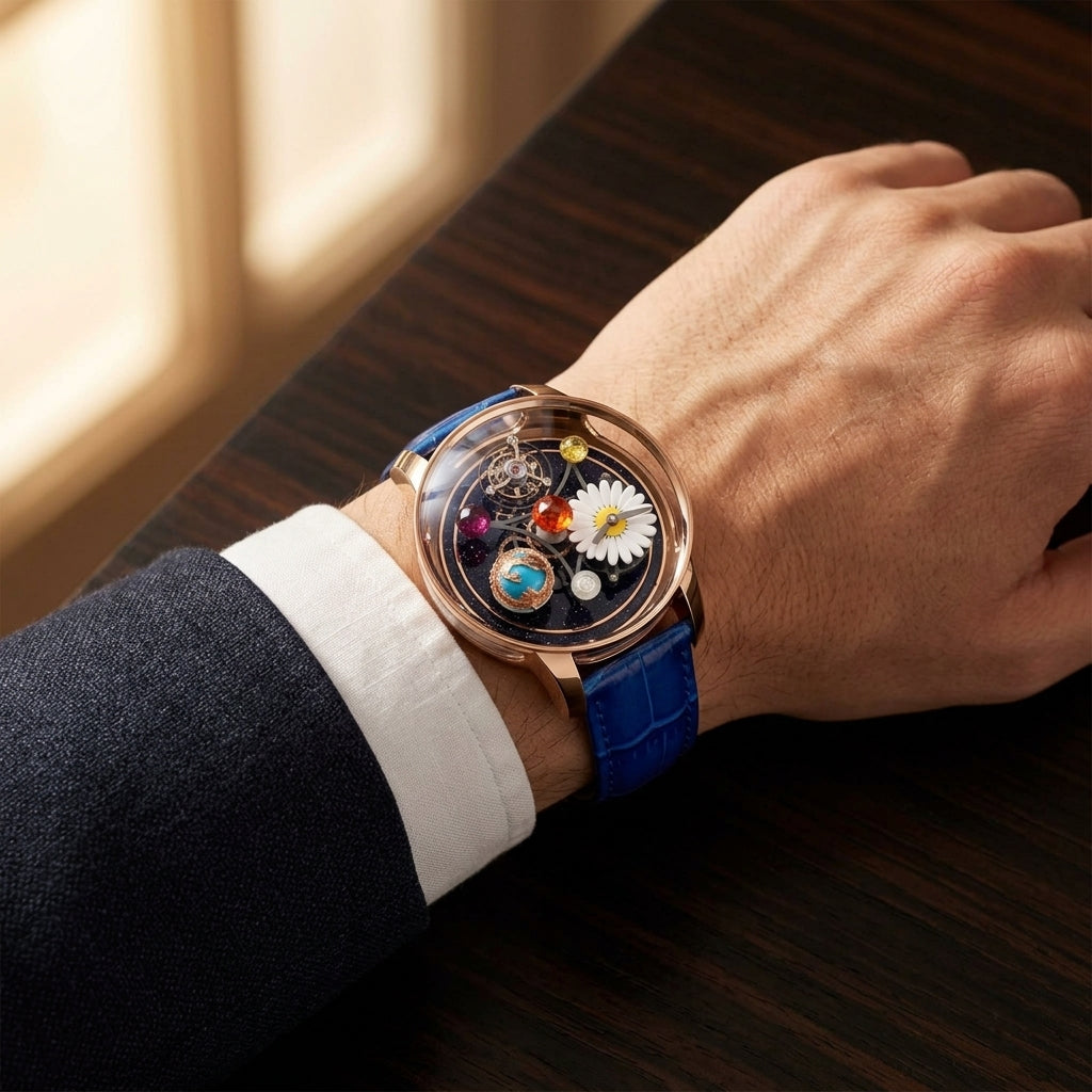 The Daisy & Dragon Rotating Tourbillon worn on the wrist beneath a tailored shirt cuff