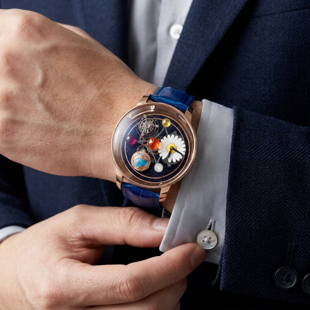 Daisy & Dragon Rotating Tourbillon — Aventurine Galaxy Dial — editorial photograph