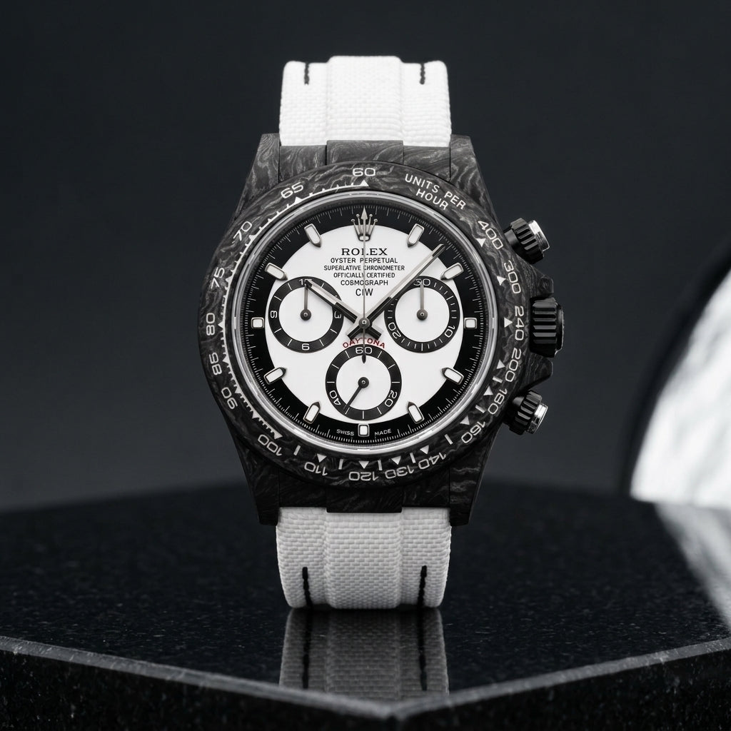 Studio photograph of the Forged Carbon Automatic on black granite