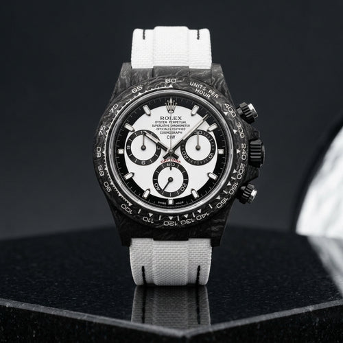 Studio photograph of the Forged Carbon Automatic on black granite
