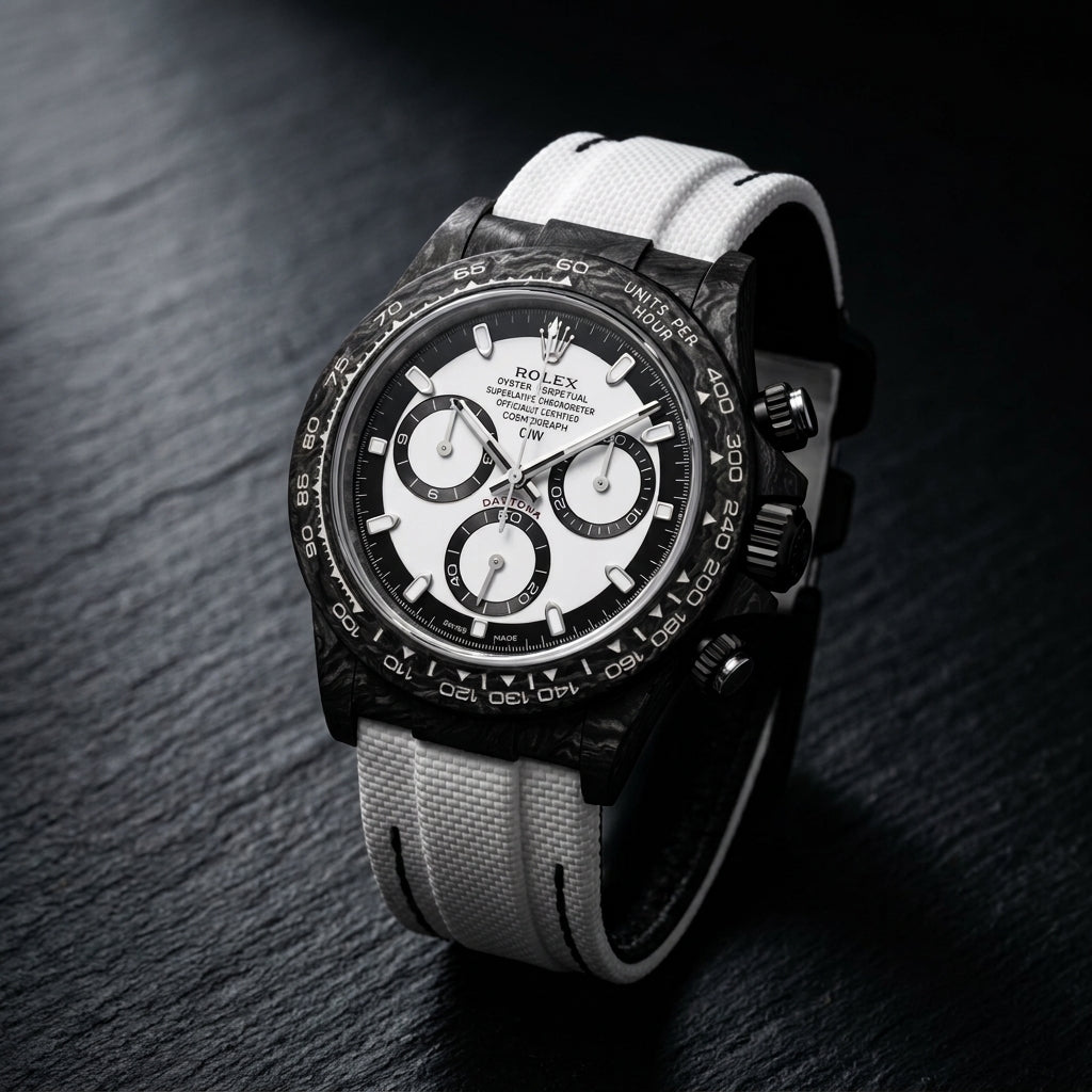 Three-quarter view showing the case profile and bracelet of the Forged Carbon Automatic