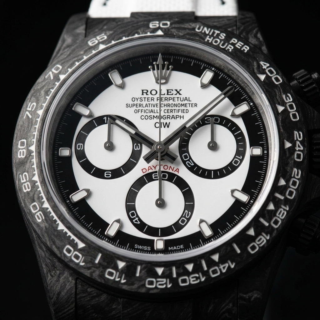 Close macro of the dial and bezel detail on the Forged Carbon Automatic