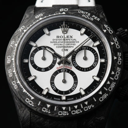 Close macro of the dial and bezel detail on the Forged Carbon Automatic