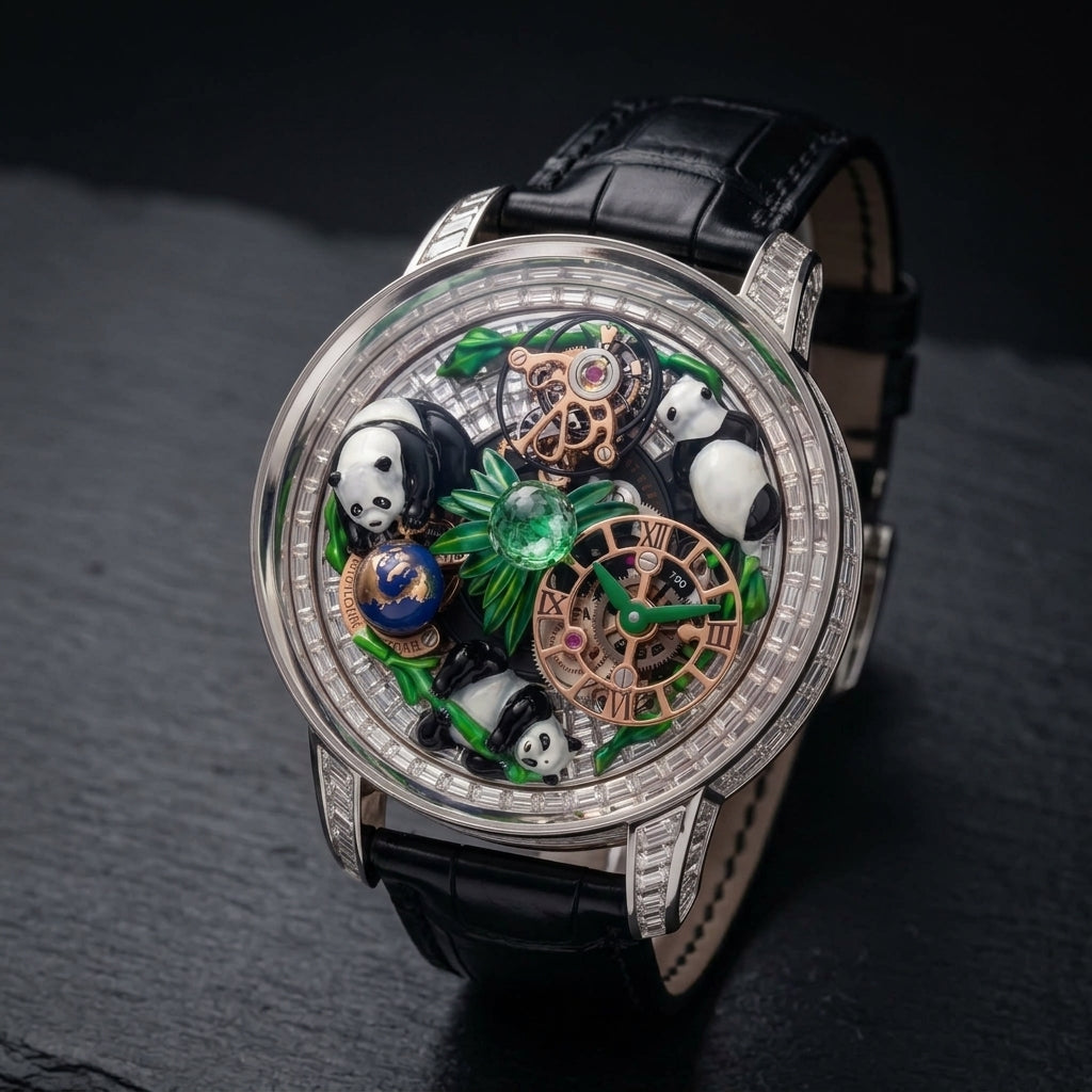 Three-quarter view showing the case profile and bracelet of the Luxury Panda