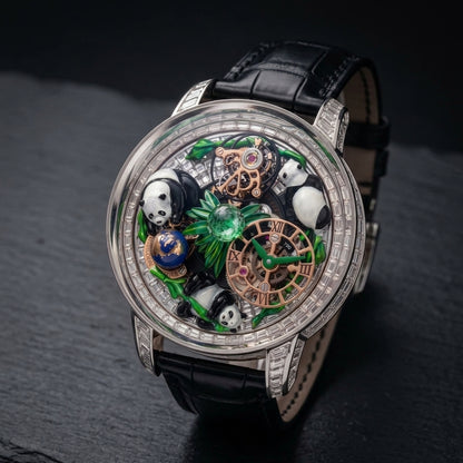 Three-quarter view showing the case profile and bracelet of the Luxury Panda