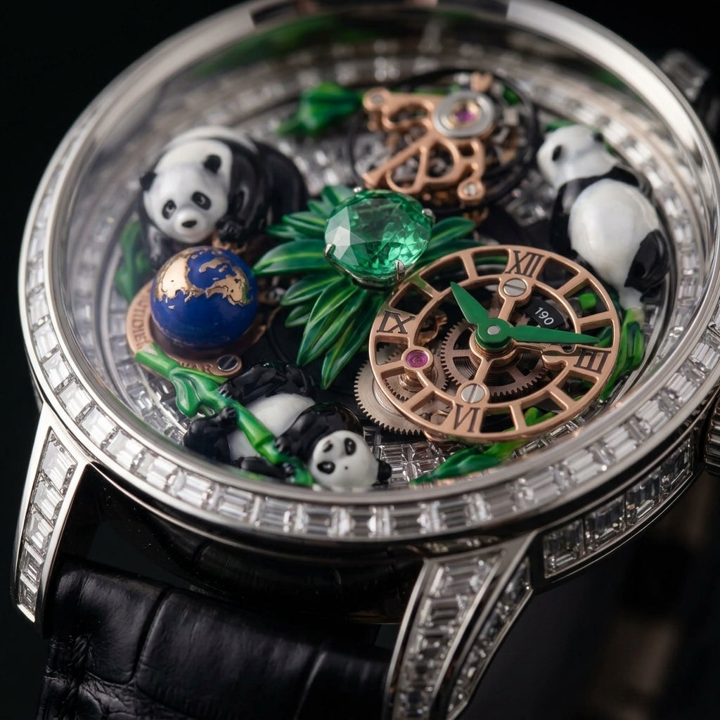 Close macro of the dial and bezel detail on the Luxury Panda