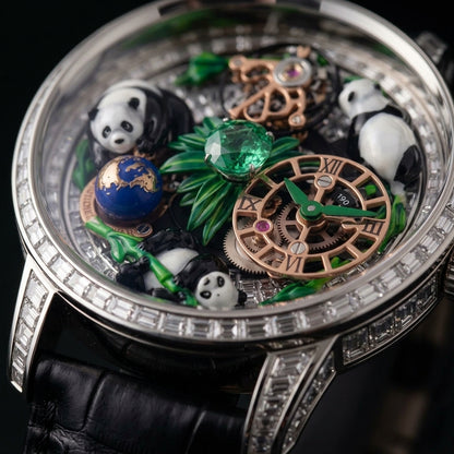 Close macro of the dial and bezel detail on the Luxury Panda