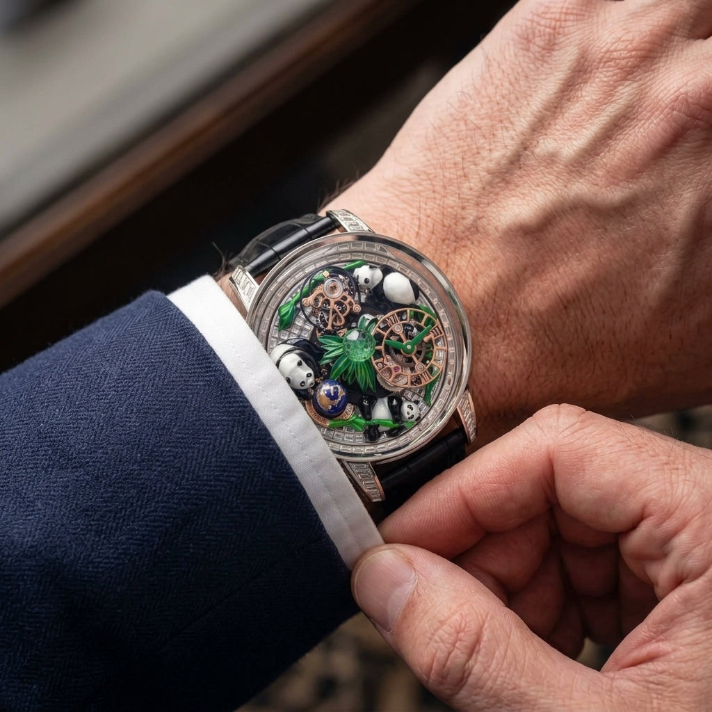 Luxury Panda Watch — Rotating 3D Dial, Automatic — editorial photograph