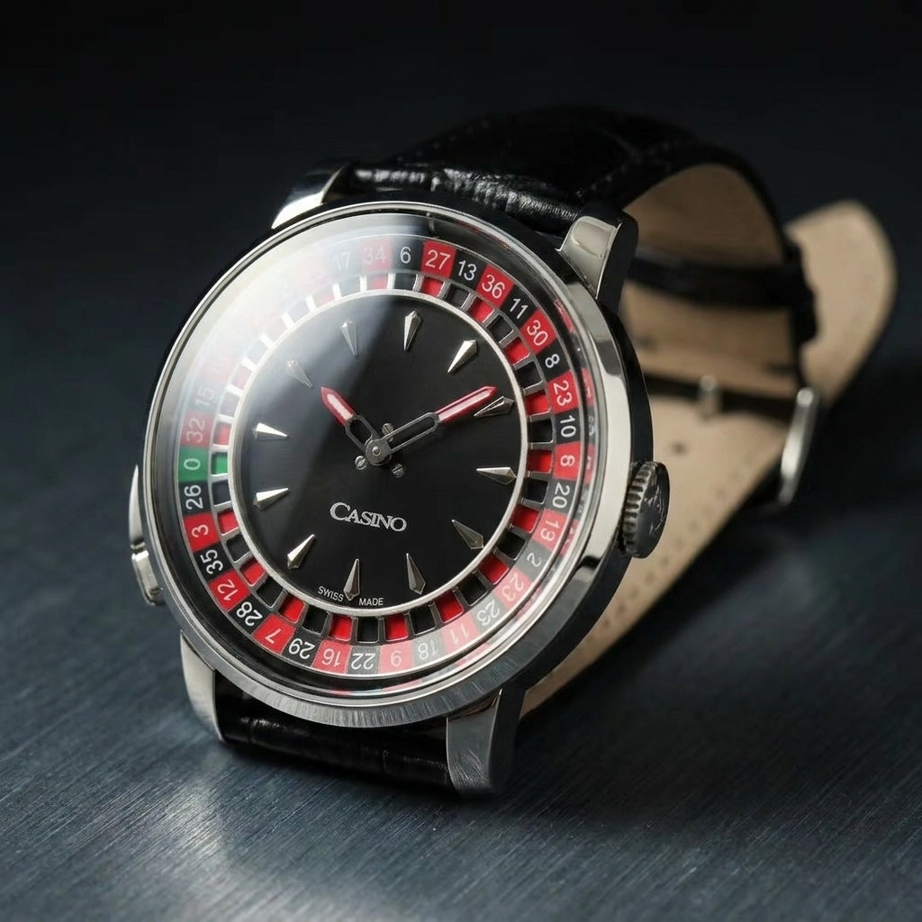 Three-quarter view showing the case profile and bracelet of the Roulette Wheel