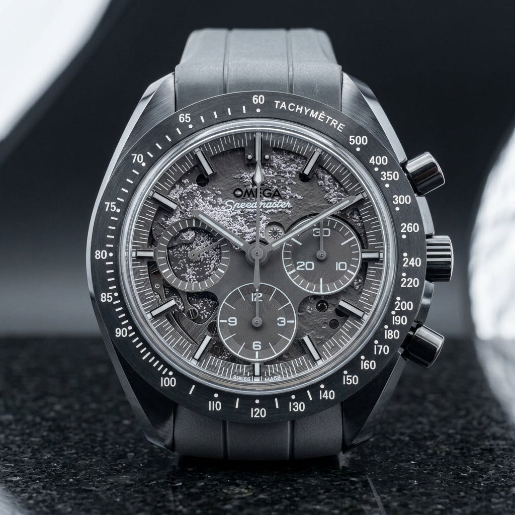 Grey ceramic chronograph with a mid-grey moon relief dial and all-grey hands, standing upright on polished black granite