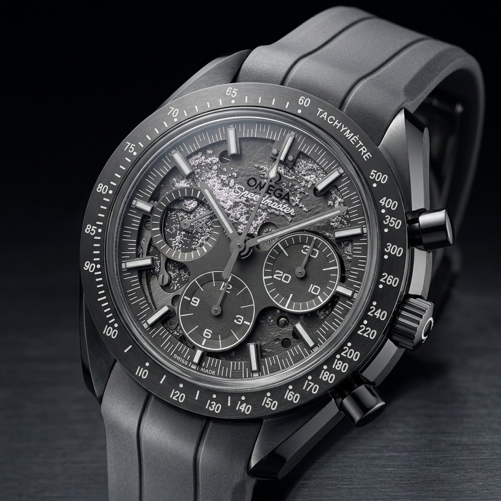 Grey ceramic chronograph at a three-quarter angle on dark slate, with its grey ribbed rubber strap and dark-grey pushers