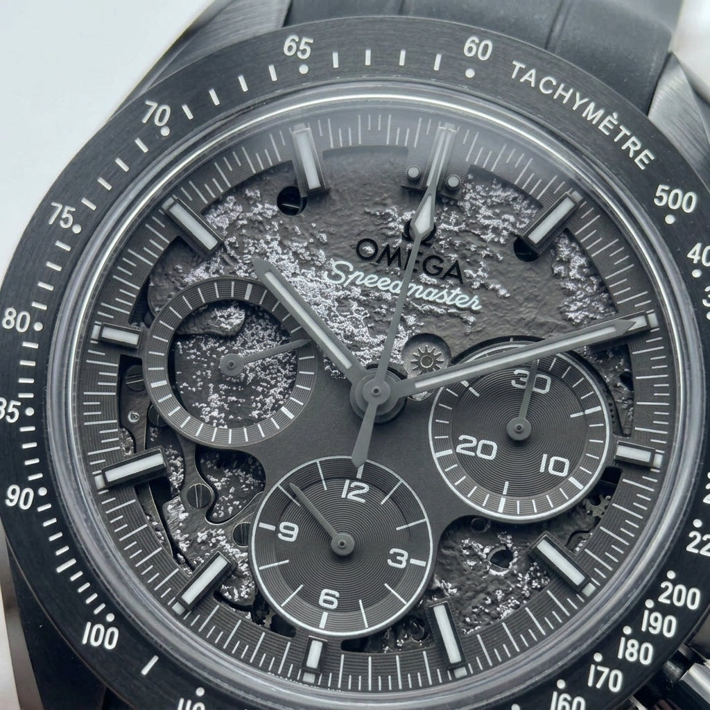 Macro of the grey moon relief dial with sparkling silver-lilac patches, grey counters and white numerals