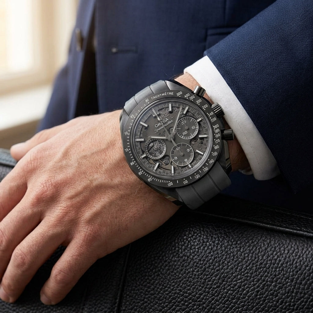 Grey ceramic chronograph on a grey ribbed rubber strap, worn on a wrist below a navy suit cuff