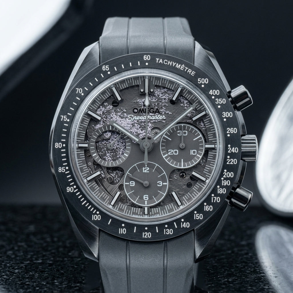 Grey ceramic chronograph on a grey ribbed rubber strap, worn on a wrist below a navy suit cuff