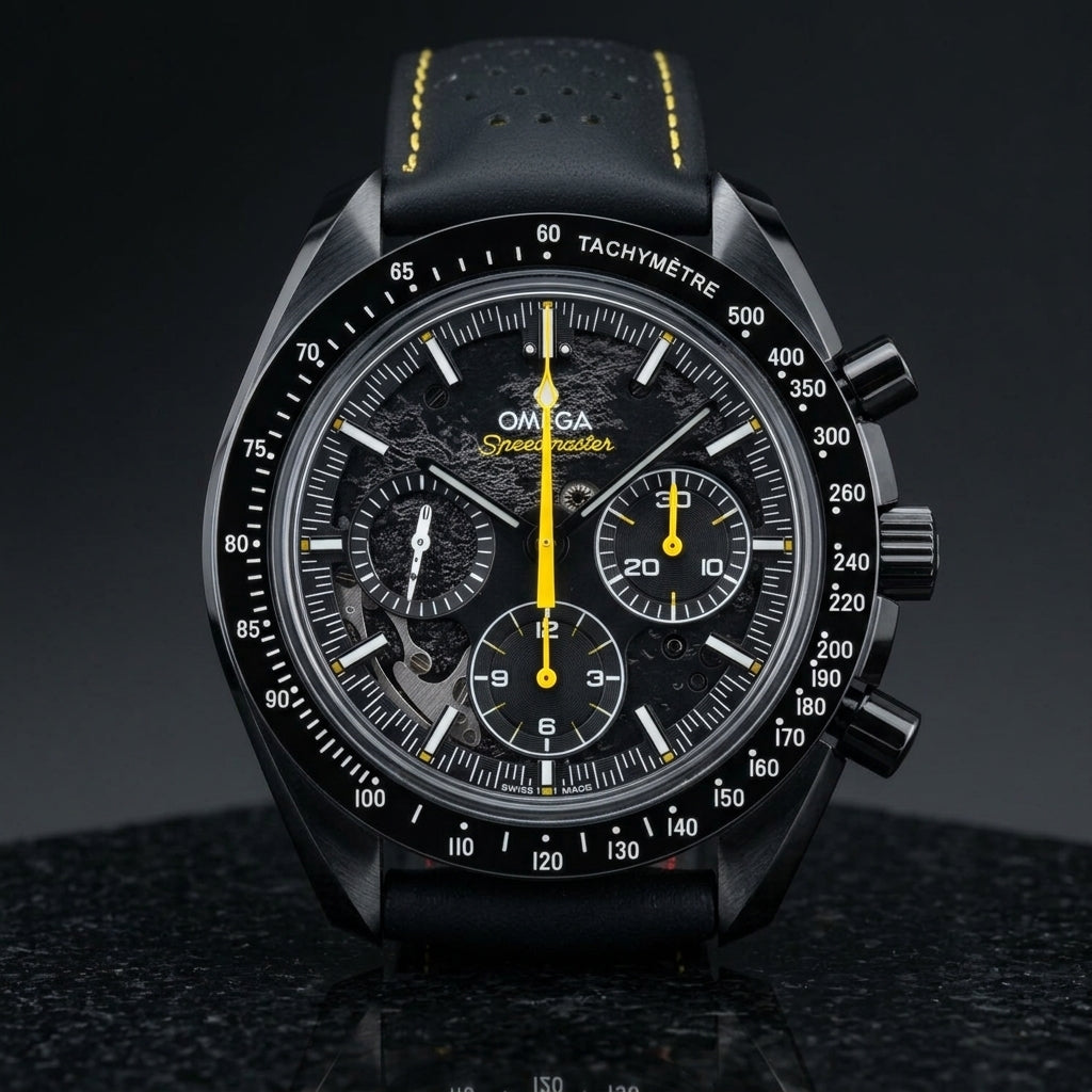 Black ceramic chronograph with a black moon relief dial and a yellow chronograph hand, standing upright on polished black granite
