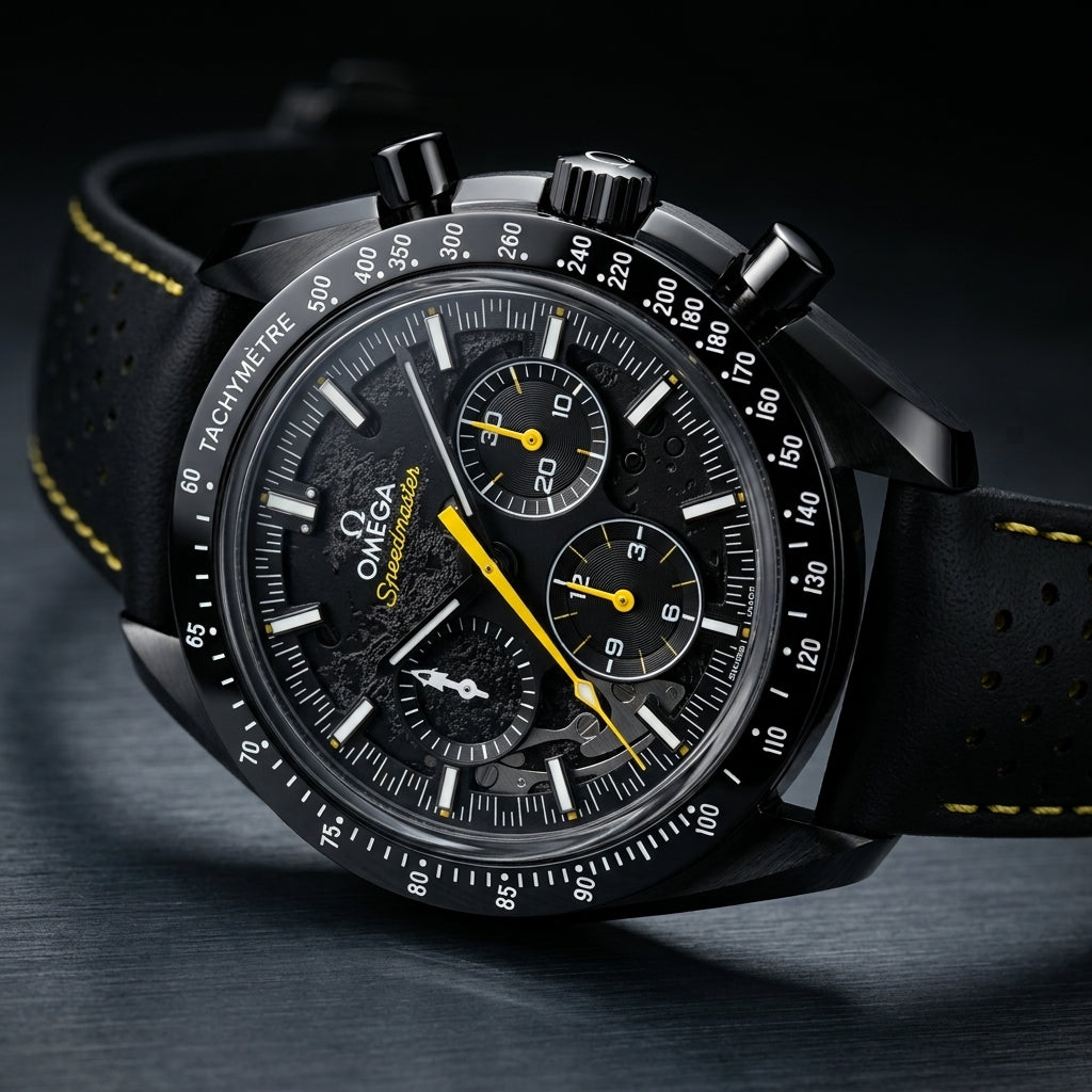 Black ceramic moon chronograph at a three-quarter angle on dark slate, white tachymeter numerals on the black bezel