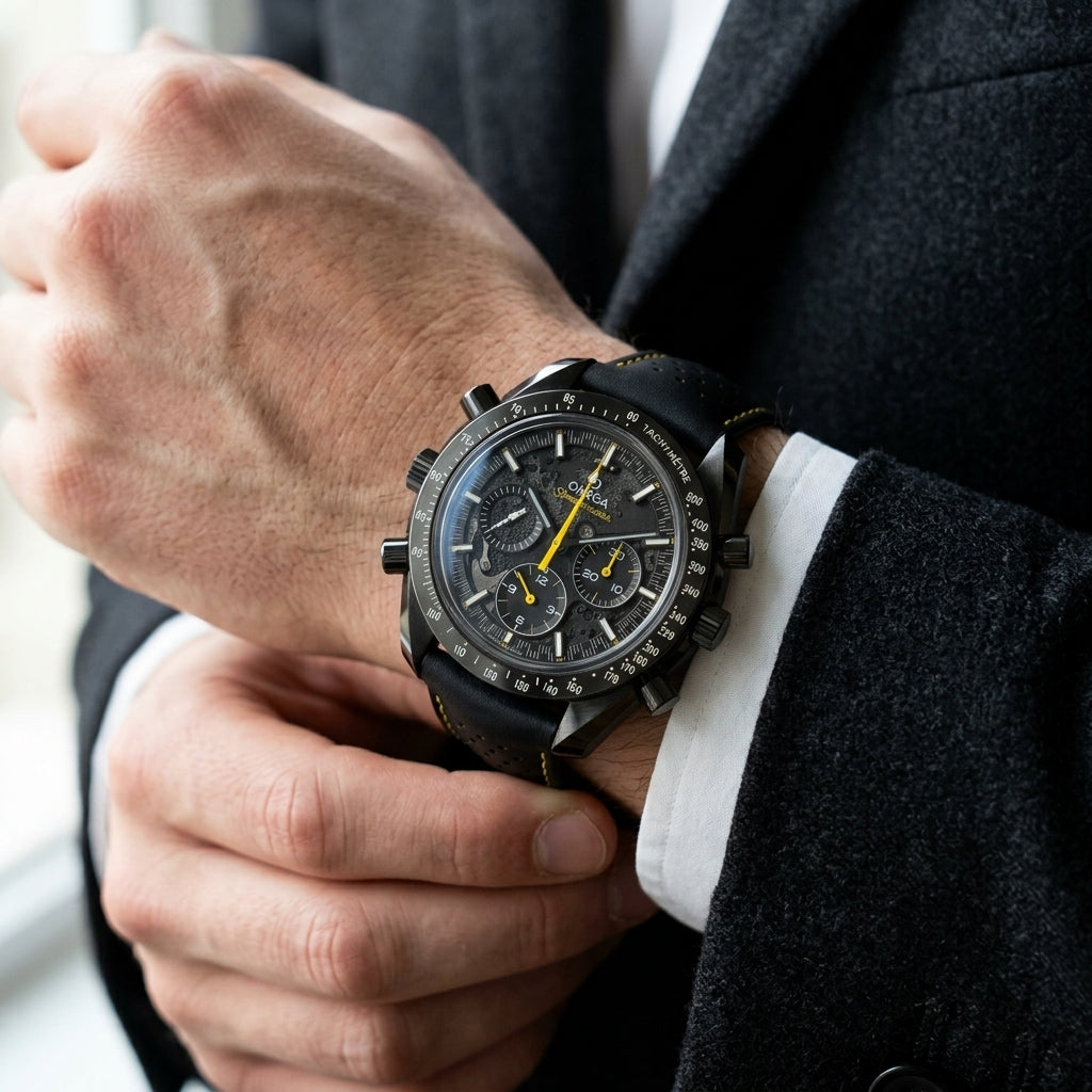Black ceramic moon chronograph with a yellow chronograph hand on the wrist as a shirt cuff is fastened