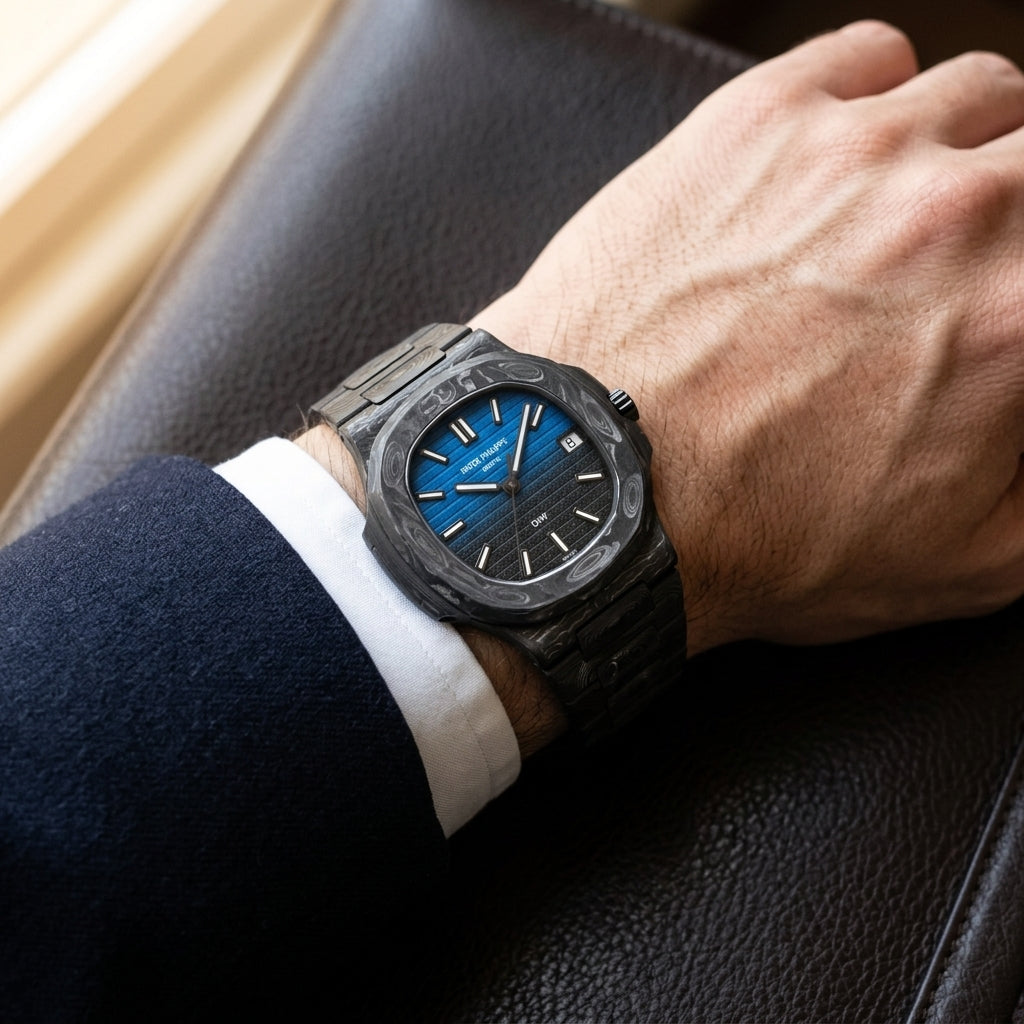 Forged carbon sports watch with a blue-to-black dial on its carbon bracelet, worn on the wrist below a dark suit cuff