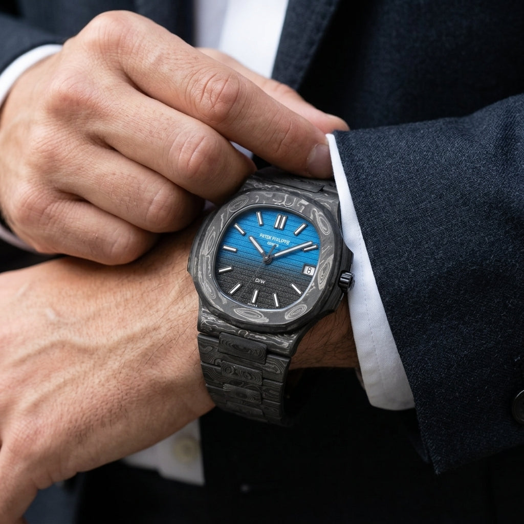 Forged carbon sports watch with a blue-to-black dial on the wrist as a shirt cuff is fastened