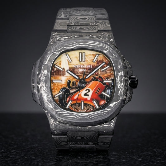 Carbon sports watch with a red racing car dial in a black forged carbon case veined in silver, upright on polished black granite
